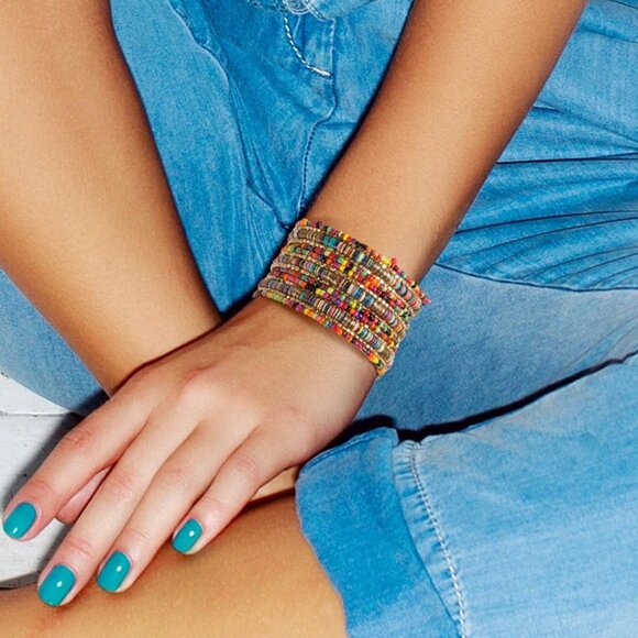 Boho Colorful Multi-Layer Heishi & Gold Bead Wrap Bracelet - Trendy Chunky Bangl - Picture 2 of 7